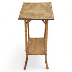 Early 20th century mahogany side table; with bedside cabinet, shaped rectangular top on barley twist supports united by stretchers (H 72cm, W 42cm, D 45cm), together with a Late Victorian tiger bamboo occasional table, rectangular two-tier form with woven cane surfaces, the upper tier with raised edge above splayed supports with naturalistic jointing (H 70cm, W 52cm, D 36cm)
