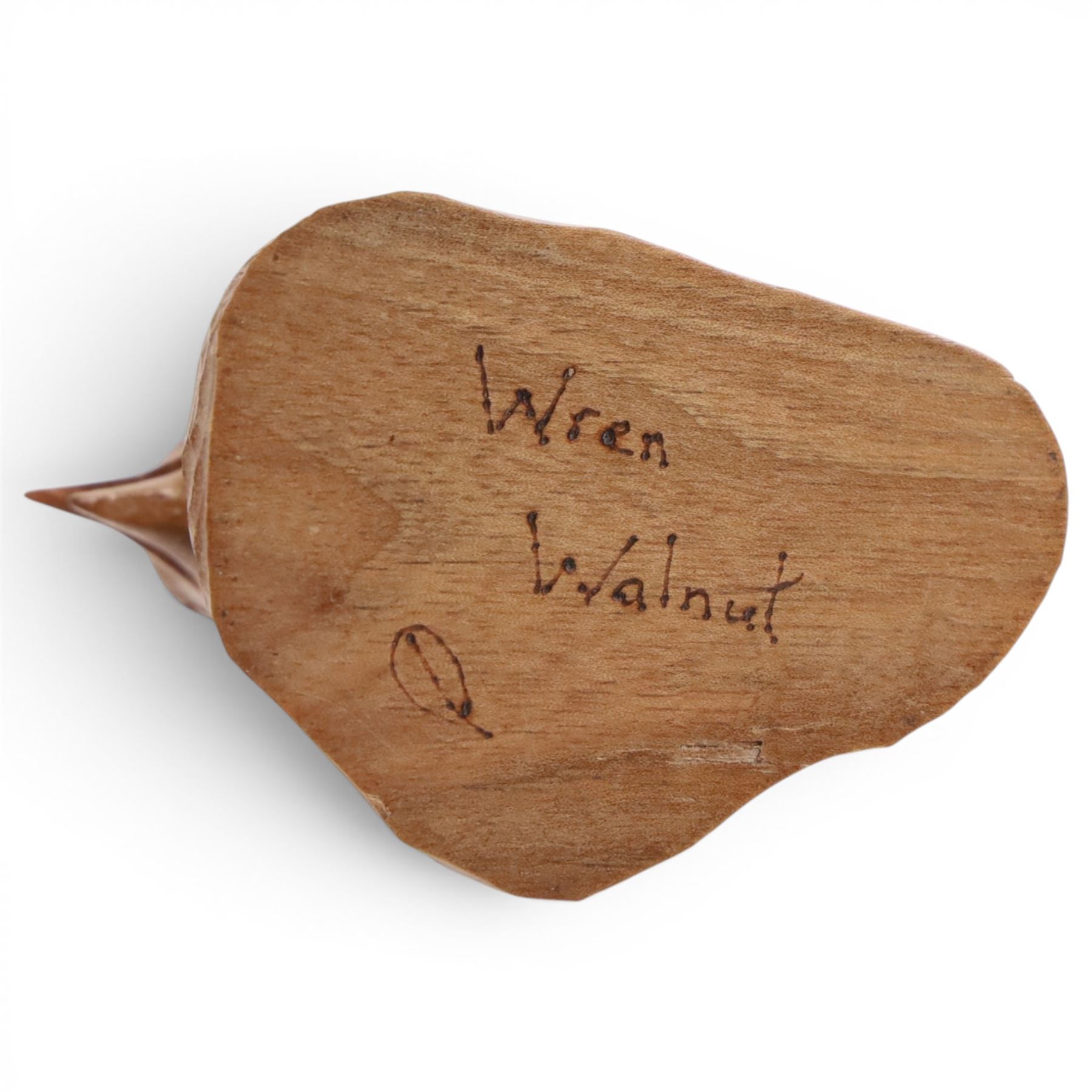 20th century walnut carvings, the first modeled as a wren, the second an otter, H  Two Yorkshire style walnut carvings, of a wren and otter, otter H10cm