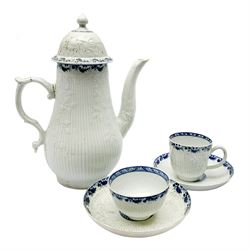 18th century Phillip Christian Liverpool reeded and floral moulded tea wares, comprising coffee pot, tea bowl and saucer, and coffee cup and saucer, each detailed with foliate and trellis borders, teapot H25cm, tea bowl D7.5cm, saucer D13cm 