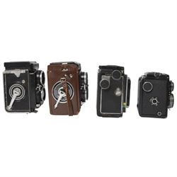 Four medium format TLR cameras, comprising Zeiss Ikon Ikoflex serial no. TD17003 with Tessar 1:3.5 f=7.5cm and Teronar Suchar-Anastigmat 1:3.5 f=7.5cm lenses, Franke & Heidecke Rolleiflex serial no. 1164037 with Tessar 1:2.8 f=80mm and Heidoscop-Anastigmat 1:2.8 f= 80mm lenses, Yashica-Mat Copal MXV serial no. MT 2050640 with Yashinon 1:3.5 f=80mm and View-Yashinon 1:3.2 f=80mm lenses and a Lomo Lubitel 166B serial no. 83169658 with T-22 4.5/75 lenses