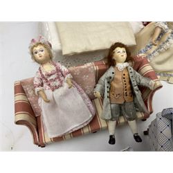 Doll's house soft furnishings - including quality three-piece suite, settee, pair of wing armchairs, window seat, armchair and matching footstool, dining chairs, corner chair, three beds, quantity of rugs, four dolls etc