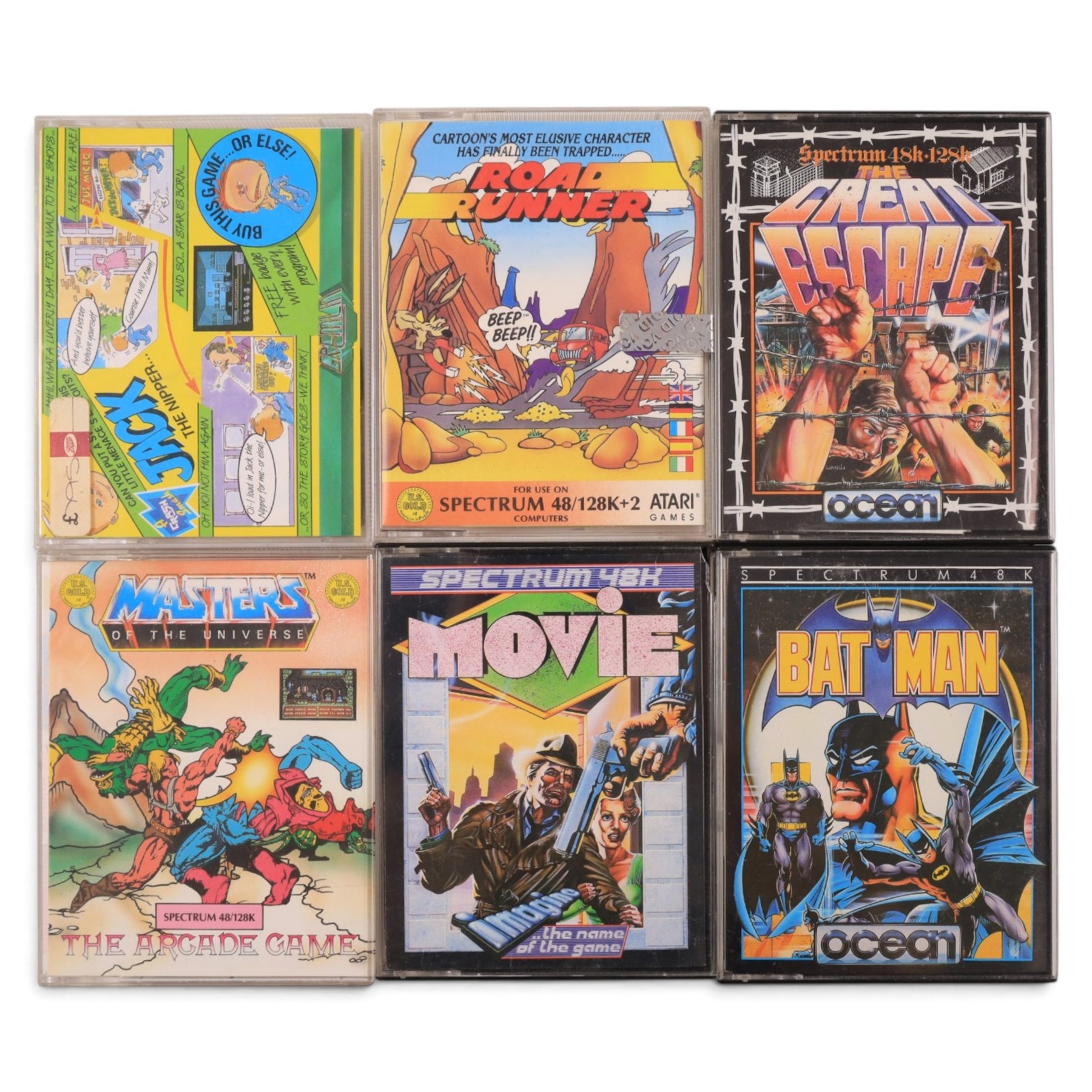 Vintage game consoles, comprising Sinclair ZX Spectrum, Zeon T-800 TV Game and Radofin Programmable Tele-Sports IV, all boxed, with six Spectrum games comprising Road Runner, Jack The Nipper, Batman, The Great Escape, Movie and Masters of the Universe