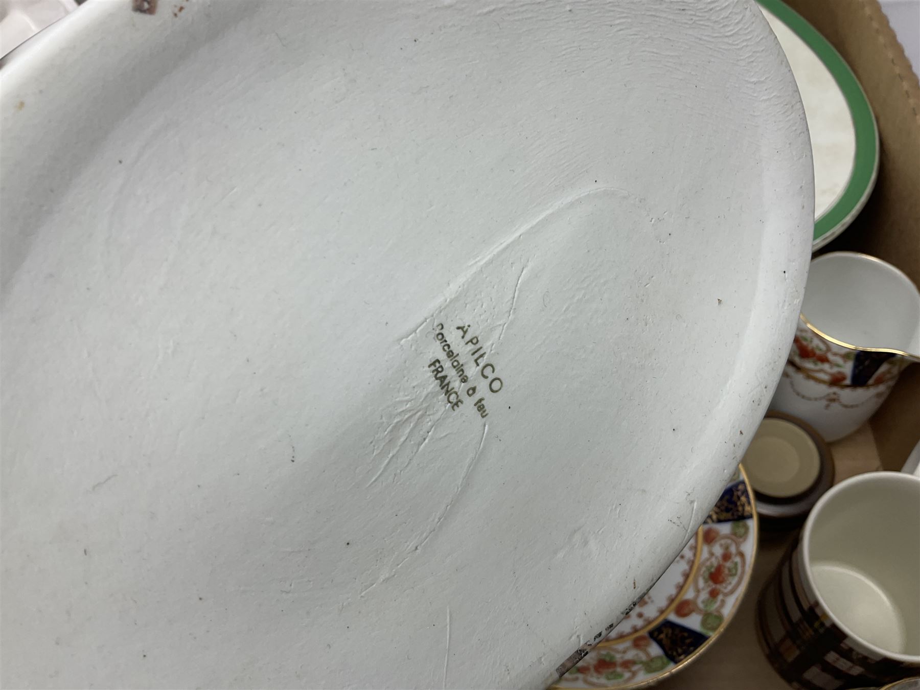 Four large meat platters, Royal Worcester Bunnykins mug and a large collection of other ceramics, including vases, dinner plates, teawares, etc, in five boxes 