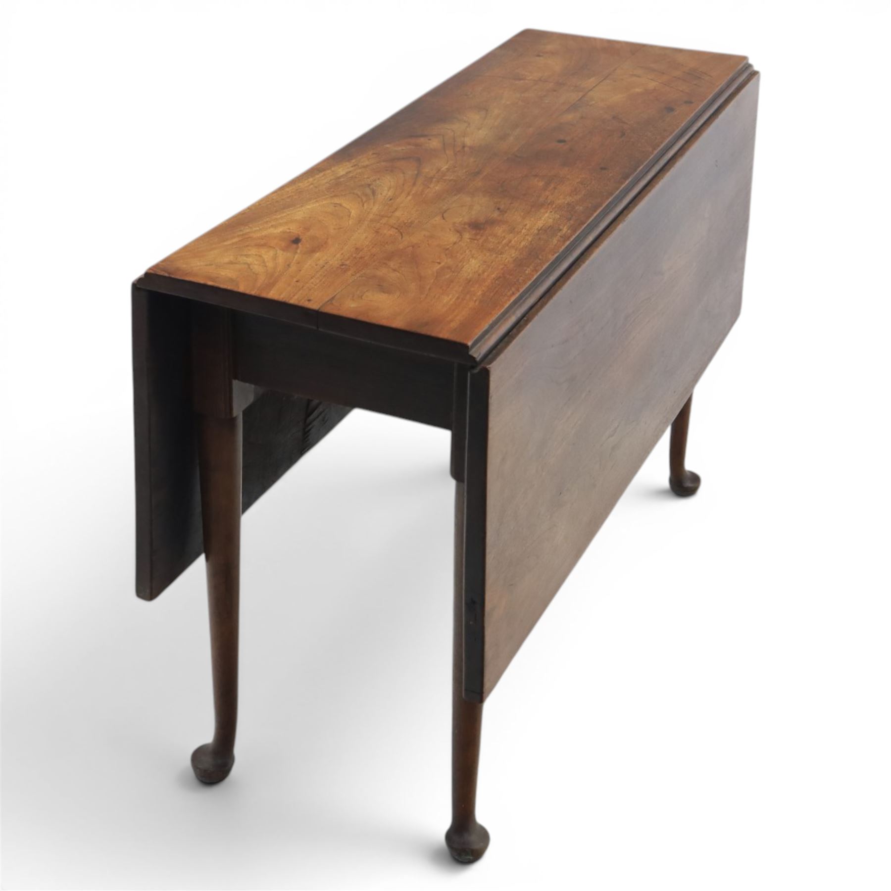 18th century solid walnut drop leaf table, with gate legs terminating in pad feet