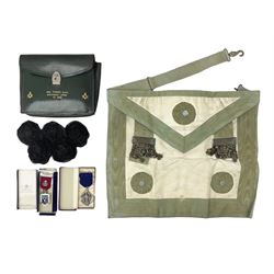 Collection of Masonic items, to include silver WWI 1914-1918 commemorative medallion named 'Bro J. Thompson No. 3458, hallmarked Birmingham 1923, silver and enamelled Masonic Steward medallion hallmarked Birmingham Spencer & Co, 1922, Masonic apron etc