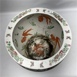 Large 20th century Chinese jardinière/fish bowl in the Famille Rose palette, decorated with four figural panels against floral and foliate scroll ground with gilt detail, the interior painted with carp amongst seaweed, D37cm