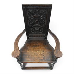17th design century carved oak hall chair, carved back with urn and foliate details, shaped seat and arms, raised on turned supports united by stretchers