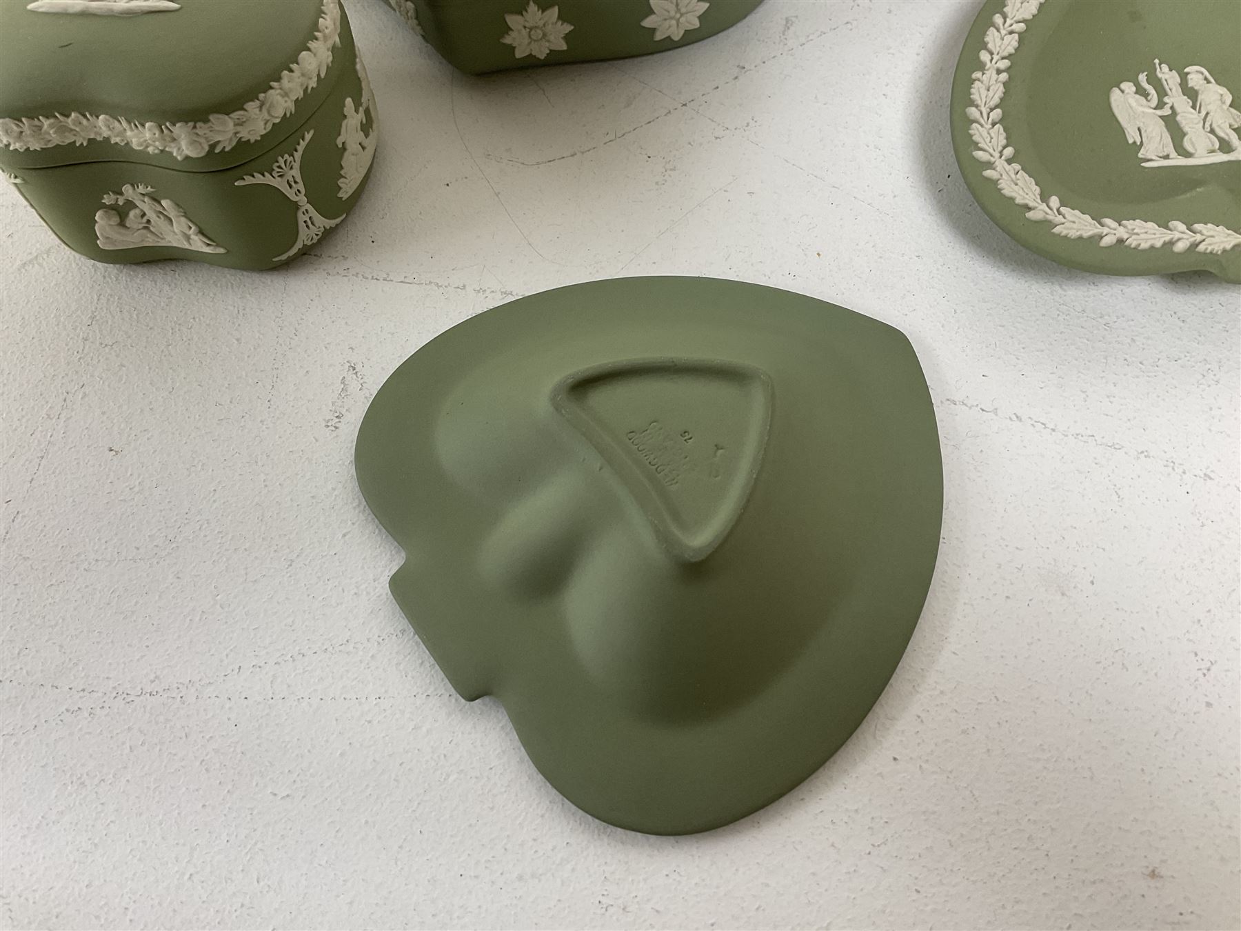 Group of Wedgwood sage green Jasperware, to include jug, vases, lidded boxes, dishes etc