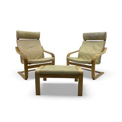 Ikea - pair of 'Poang' cantilever armchairs, upholstered in tan leather; complete with matching footstool (3)