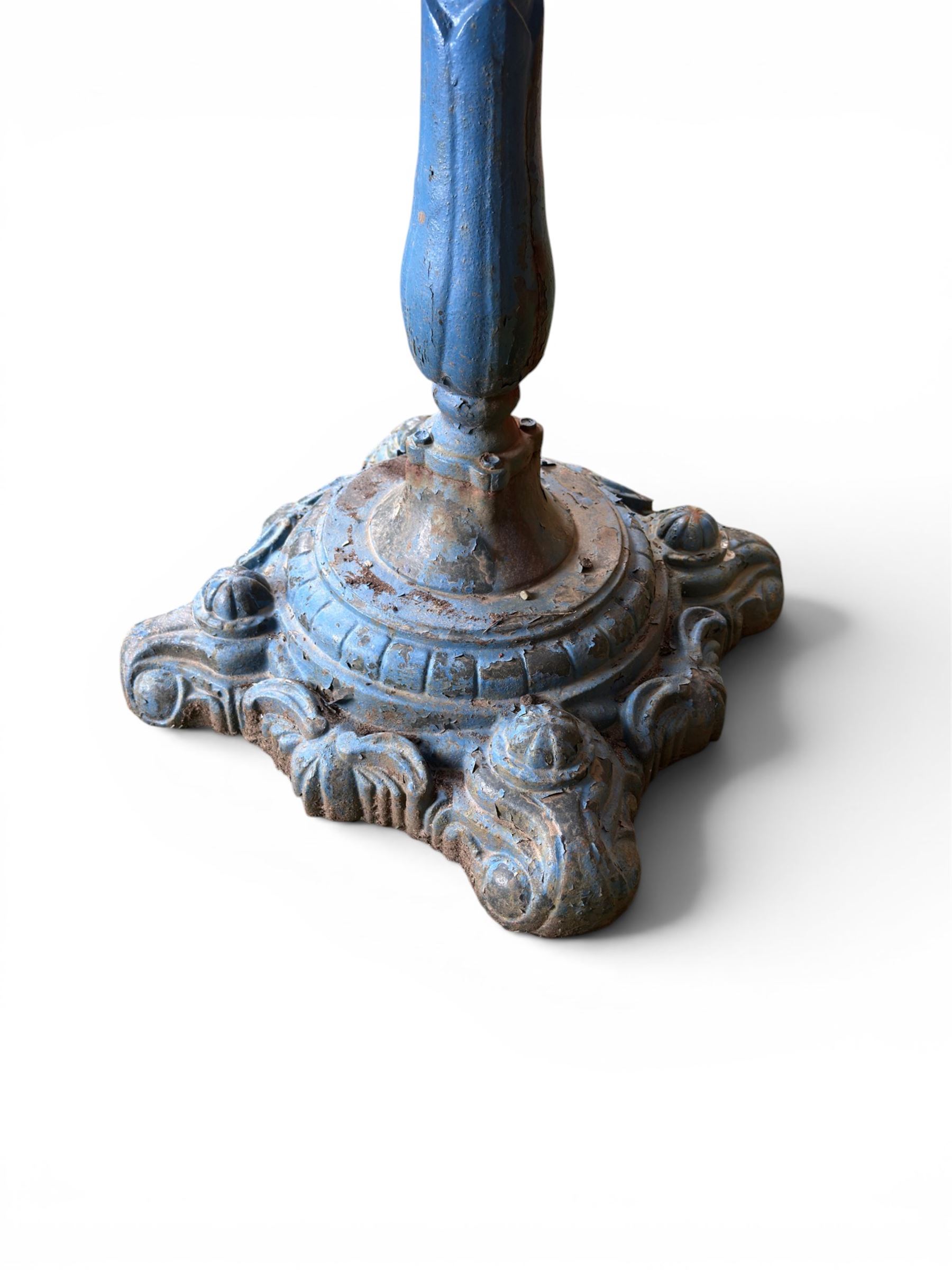 Victorian revival ornate cast iron garden table, pierced square top, pedestal base, finished in distressed blue paint