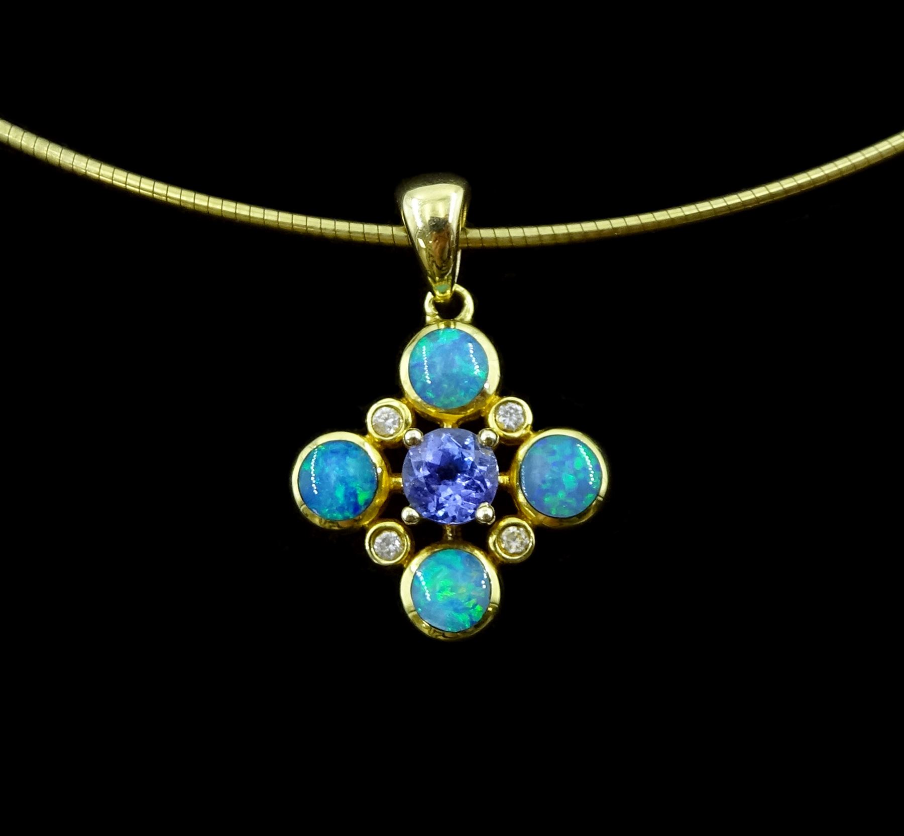 14ct gold opal, tanzanite and diamond pendant, stamped 585, on 9ct gold Omega link chain necklace, hallmarked