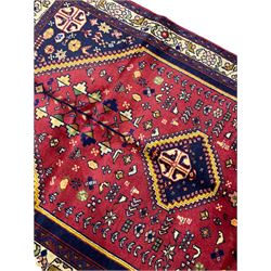 Small Persian Abadeh rug, blue ground with red lozenge field decorated with small bird and plant motifs, triple band border with floral design