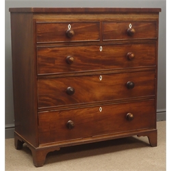  Early 19th century inlaid mahogany chest, two short and three long drawers, bracket supports, W107cm, H112cm, D50cm  