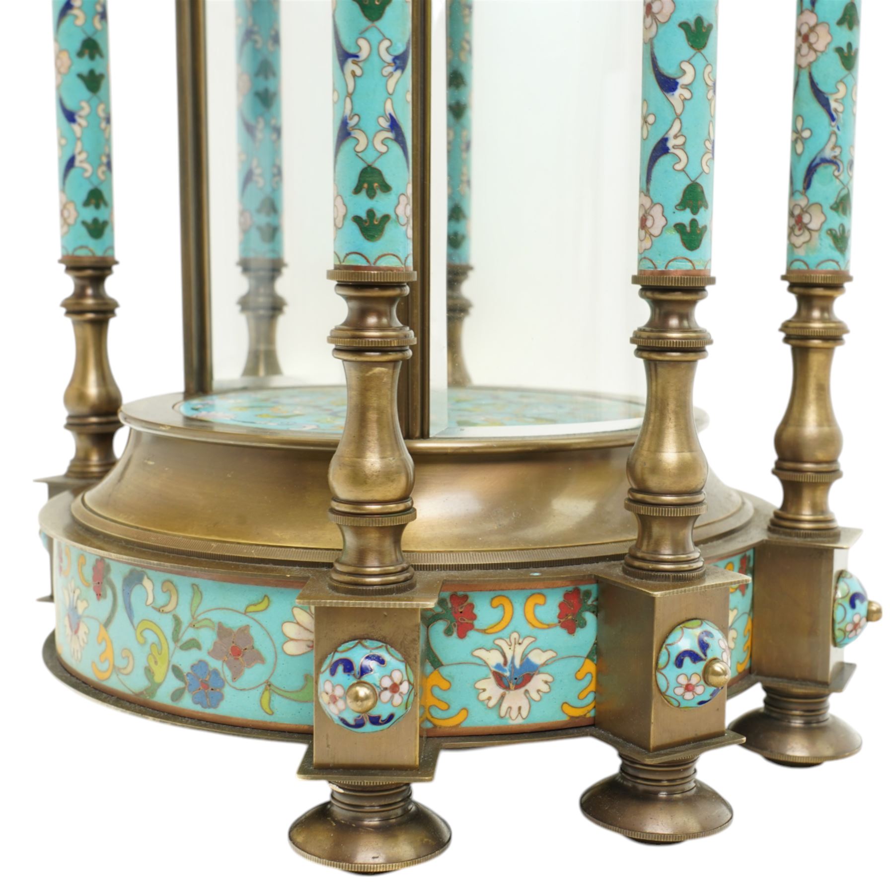 20th century Chinese cloisonne style portico display stand with urn mounted domed top and glass side panels H65cm