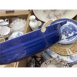 Portmeirion Botanic Garden jug, Poole Pottery planter, Denby coffee pot, Wedgwood Jasperware trinket box, Le Creuset oven dish and a collection of other ceramics, etc, in four boxes 