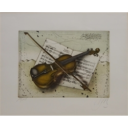  Still Life of Violin and Mozart's Allegro Maestoso, limited edition colour etching No.19/150 indistinctly signed in pencil 32cm x 39cm   
