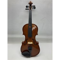 Three Stentor Student violins - three-quarter size with 33cm two-piece back; and two quarter size each with 28cm two-piece back; each in carrying case with bow (3)