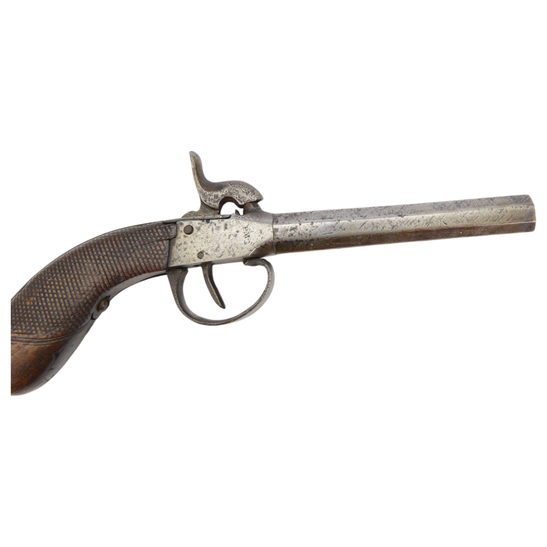 Late 19th century Belgian percussion boxlock pocket pistol, marked PM, with octagonal barrel and checkered wooden grip, L23cm
Sold as an exempt item under Section 58 (2) of the 1968 Firearms Act, to be held as a curiosity or ornament