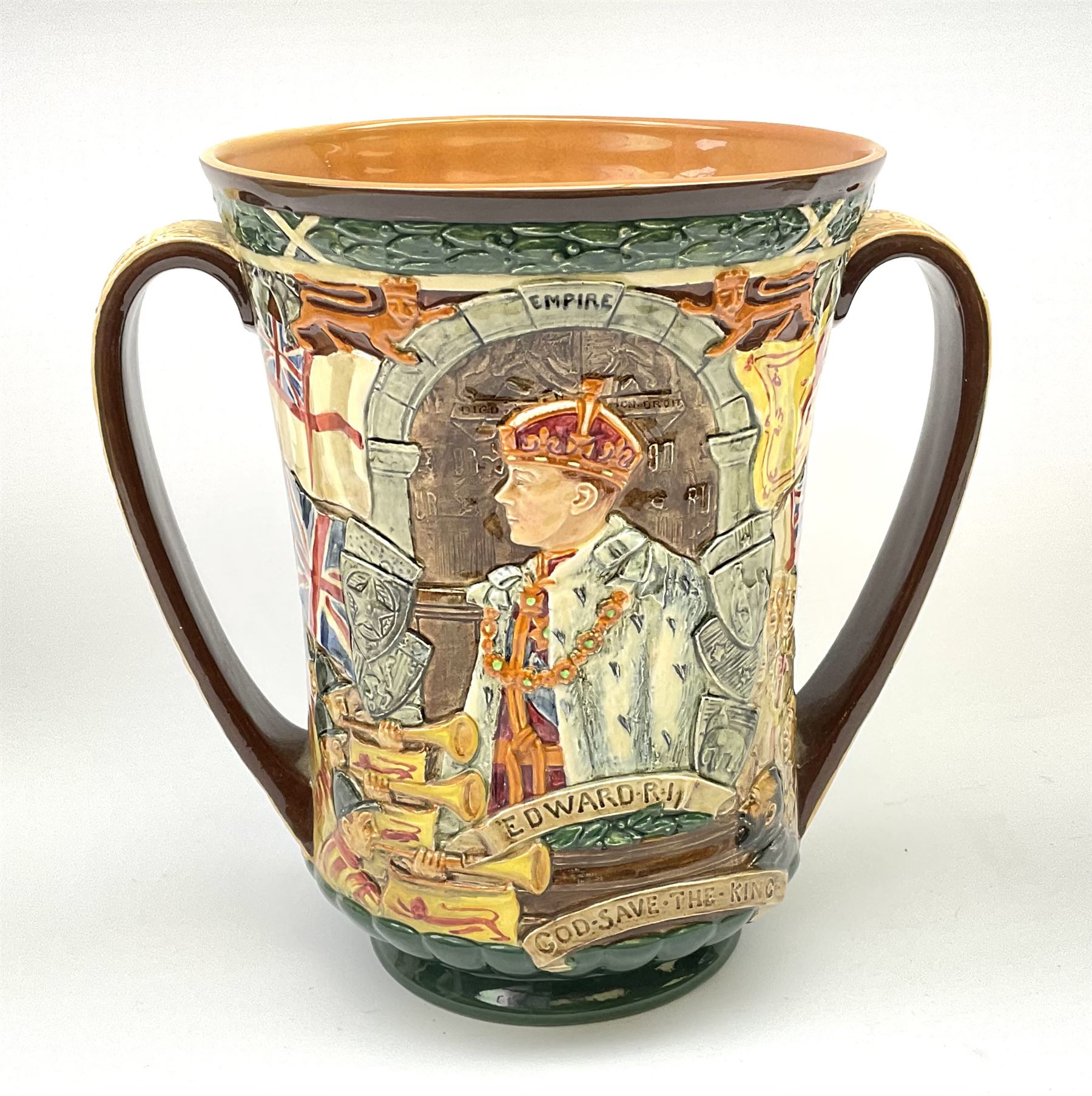 A Royal Doulton Charles Noke and Harry Fenton limited edition Coronation Loving Cup for Edward VIII, 1937, relief moulded with St George to one side and King Edward to the other, with printed marks beneath and numbered 667 of 2000, H26cm. 