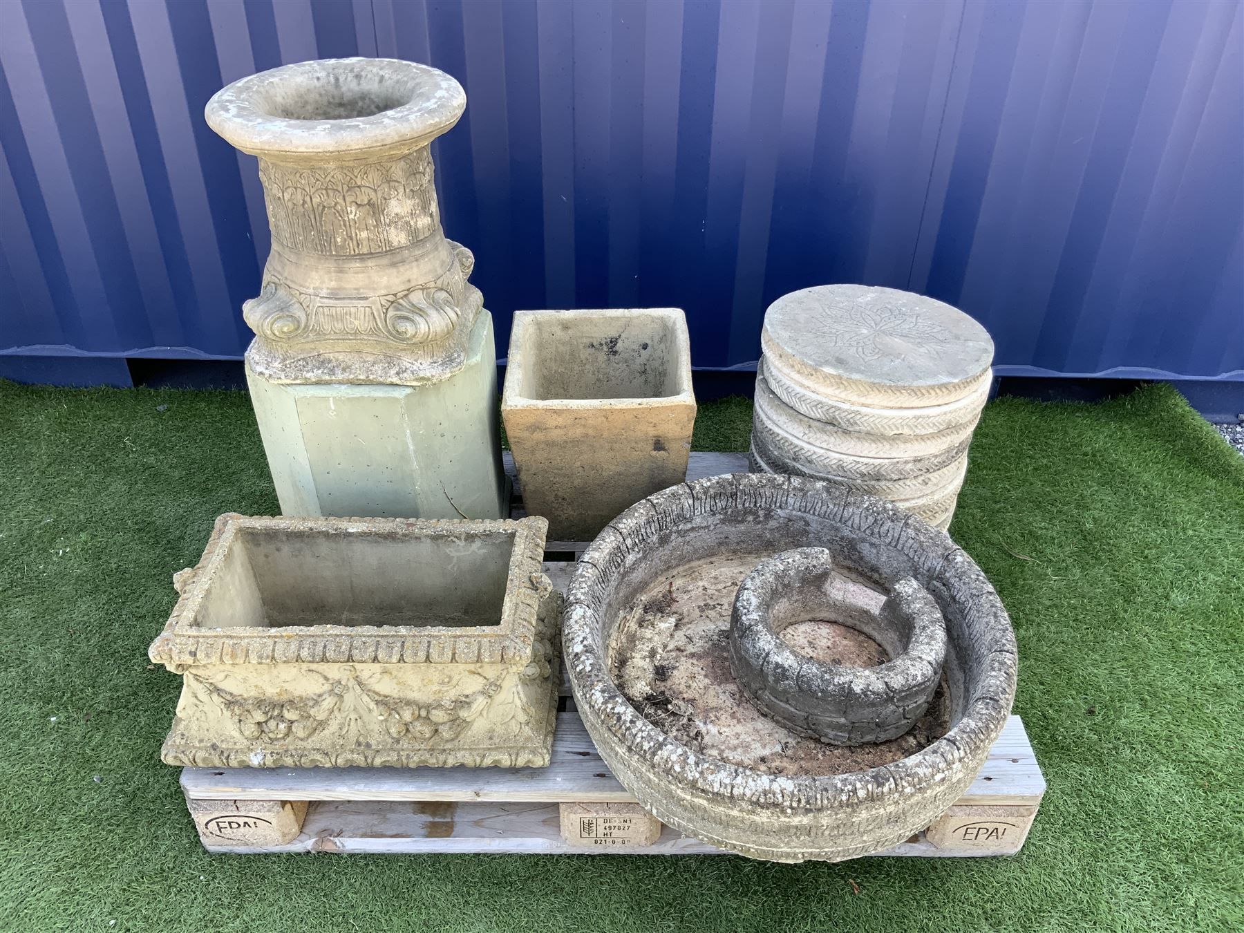 Composite stone rectangular planter, decorated with fruit swags (W54cm), circular composite planter, eight circular composite stepping/pathway stones, Corinthian type plinth, etc. - THIS LOT IS TO BE COLLECTED BY APPOINTMENT FROM DUGGLEBY STORAGE, GREAT HILL, EASTFIELD, SCARBOROUGH, YO11 3TX