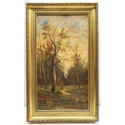 S William (19th/20th century): Carrying Firewood through the Forest, oil on panel signed 47cm x 25cm