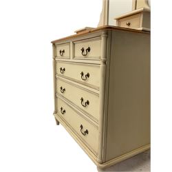 Laura Ashley pine and cream finish vanity chest, fitted with two short and three long drawers, swing mirror back