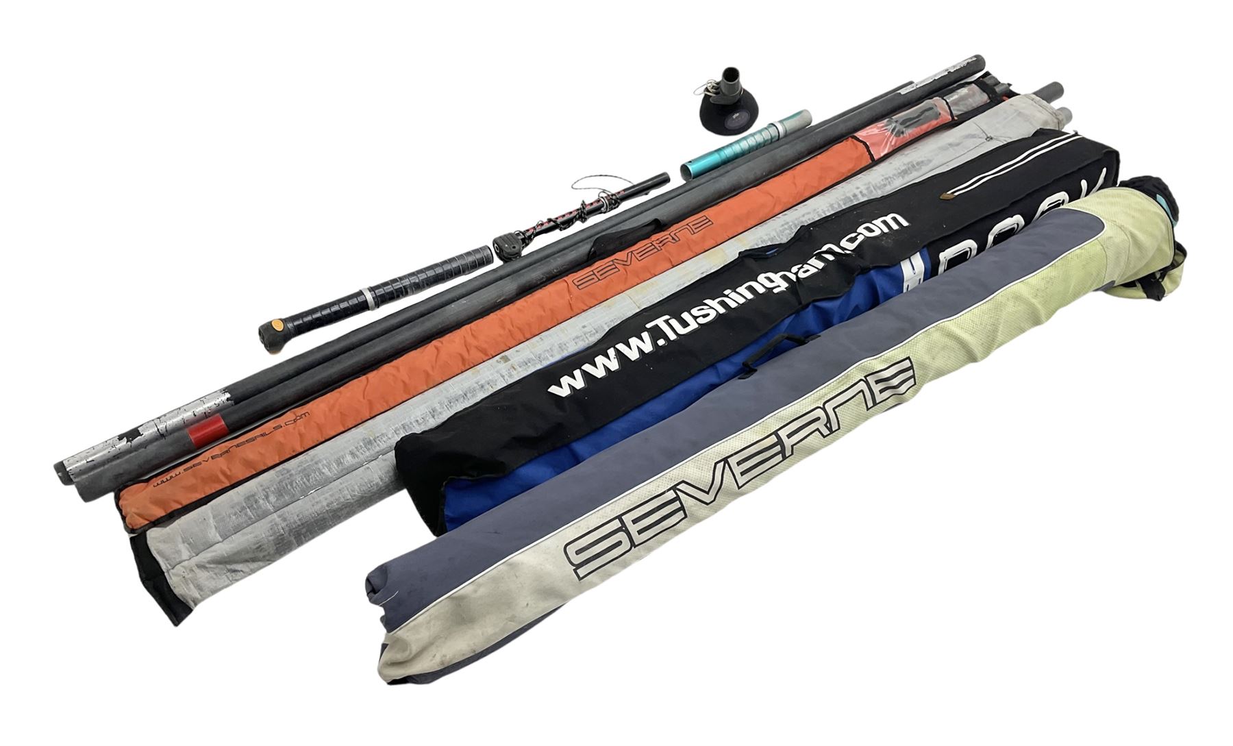 Windsurfing: Quantity of sails and masts comprising Severne Gator sail, mast 430/21 size 6.0, luff 453, boom 182, carbon Redline Severne 430 RDM mast, Tushingham Rock sail and Tushingham Free Wave mast, Tunshingham The Rock 4.2 sail, some with carrying cases, together with other equipment to include Severne Wave Grenade extension, other extensions etc