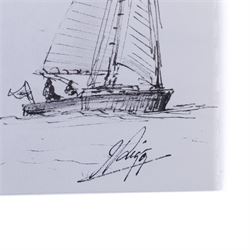 Jack Rigg (British  1927-2023): Whitby Fish Quay Portraits and Yorkshire Cobles - Filey and Whitby, two pen and ink sketches variously inscribed and dated, 25cm x 20cm and 11.5cm x 25cm (2) (unframed)