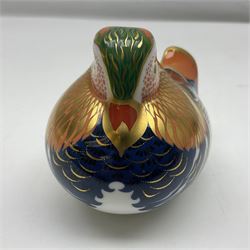 Two Royal Crown Derby paperweights, Imari Elephant, trunk raised with gold stopper and Mandarin Duck with silver stopper, both with printed mark beneath, elephant H10cm