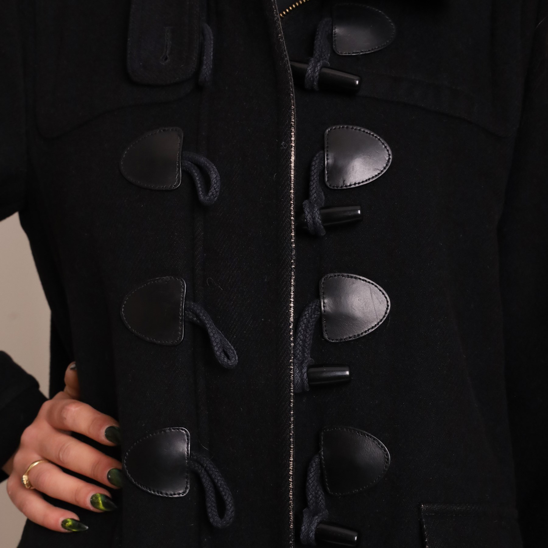 Burberry Brit - black wool duffle coat, with hood, leather toggle fastenings, flap pockets and signature check wool lining, size UK 16