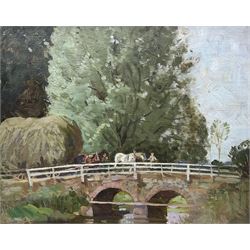 English Impressionist School (Mid-20th century): Horse and Haycart led over Bridge, oil on board unsigned 30cm x 37cm