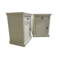 Cream finish chest, fitted with two short over two long drawers (W98cm D47cm H87cm); and pair of matching bedside chests, fitted with single drawer over cupboard (W45cm D36cm H60cm)