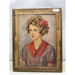 Philip Naviasky (Northern British 1894-1983): Still Life of Flowers in a Vase (recto) and Portrait of a Girl with a Bow in Her Hair (verso), two oils on board painted recto and verso, the former signed in pen 56cm x 41cm