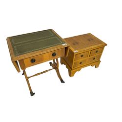 Miniature yew wood chest, fitted with three drawers; and miniature Georgian design yew writing table