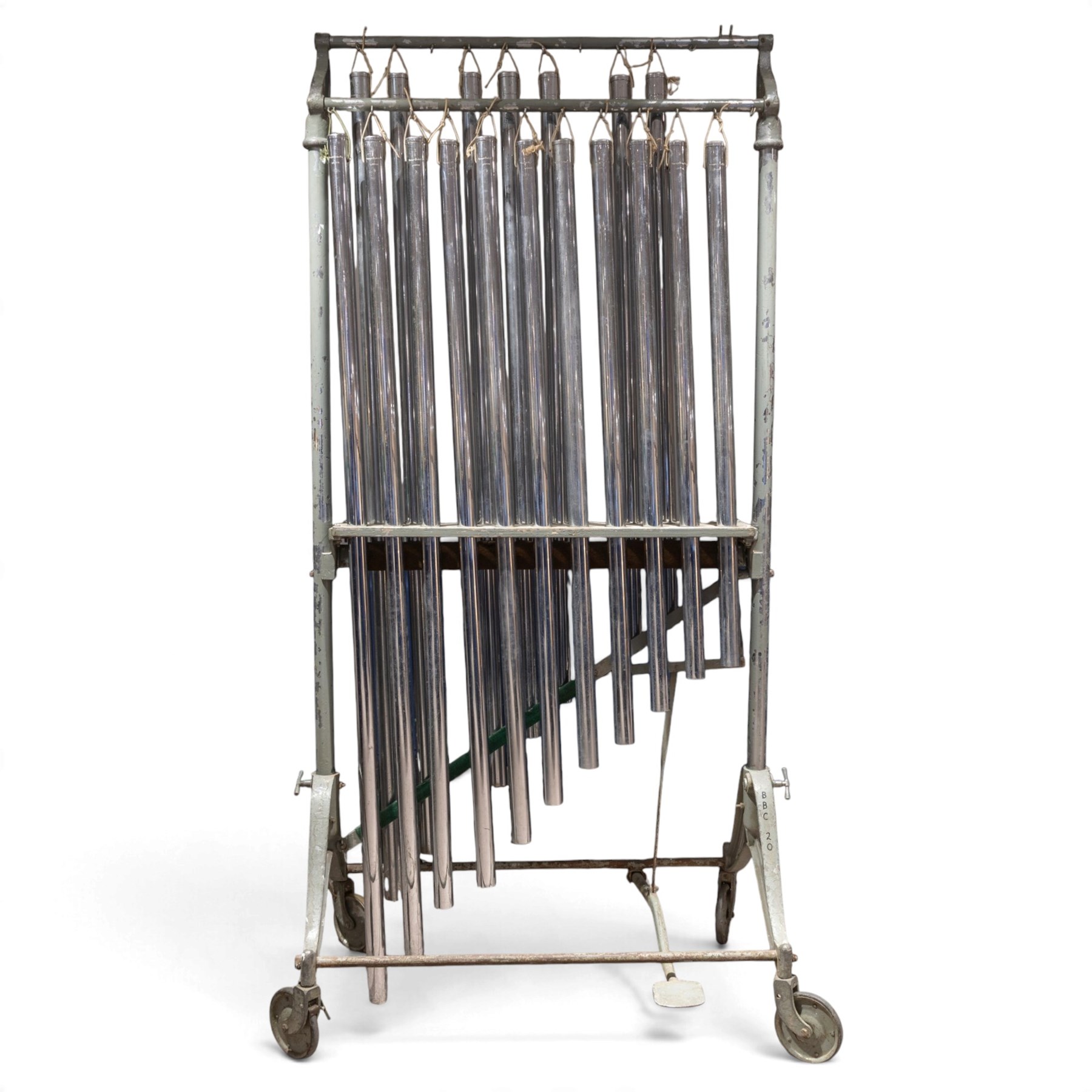 Boosey & Hawkes Ltd, London orchestral tubular bells/chimes, the chromed tubes pitch-marked and suspended on painted metal frame, frame H186cm