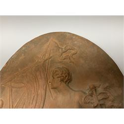 Pair of 19th century classical terracotta relief wall plaques depicting the goddess Hygeia and another goddess, seated holding an ewer, each of oval form, indistinctly signed, each stamped Ferreira verso, H42cm, W30cm