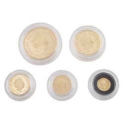 Queen Elizabeth II 'The Sovereign 2018 Five-Coin Gold Proof Set', comprising 22ct gold five pound, double sovereign, full sovereign, half sovereign and quarter sovereign coins, cased with certificate No. 128