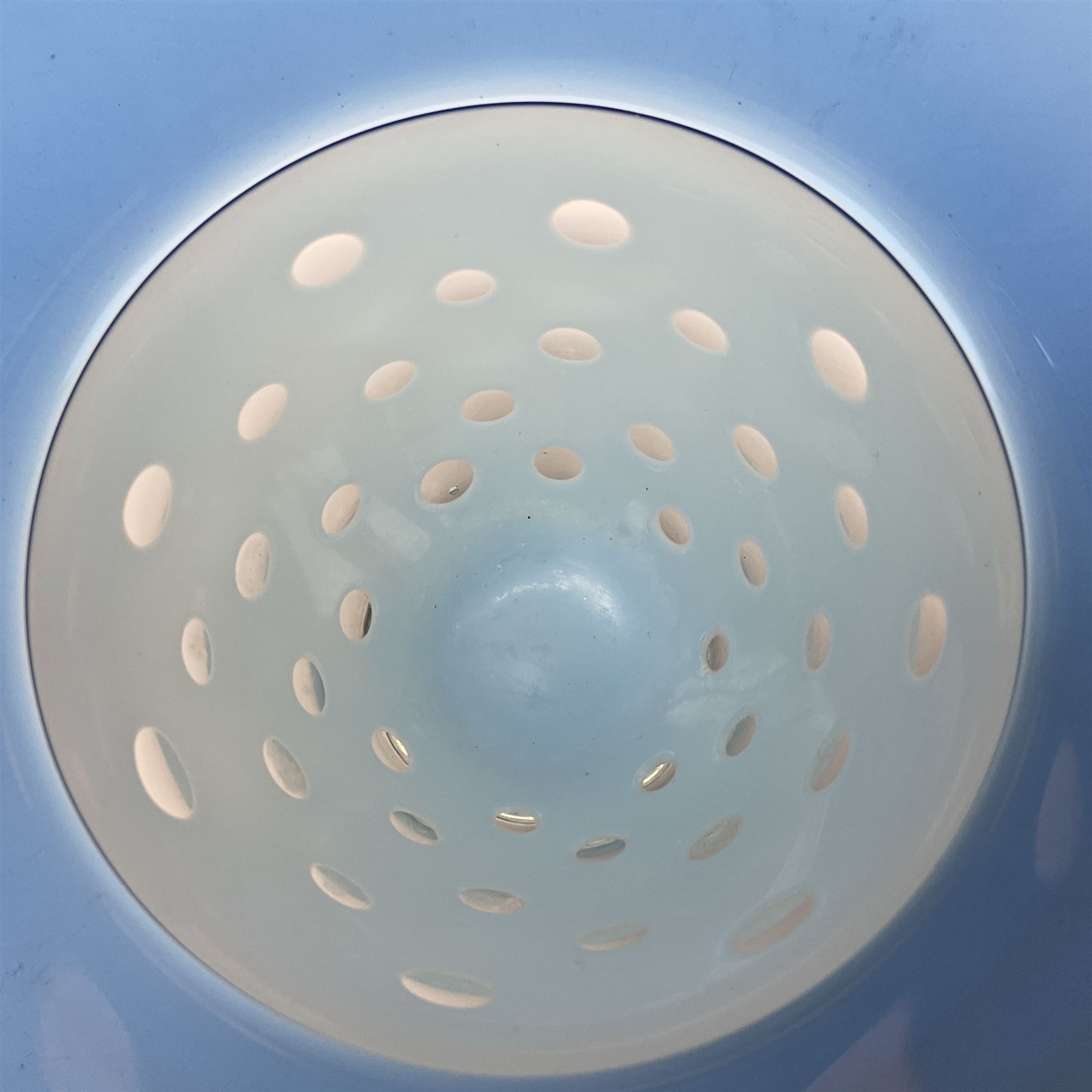 Stuart Akroyd Glass Vase, blue banded top and clear lower section with bubble inclusions, engraved signature and sticker beneath, H15cm