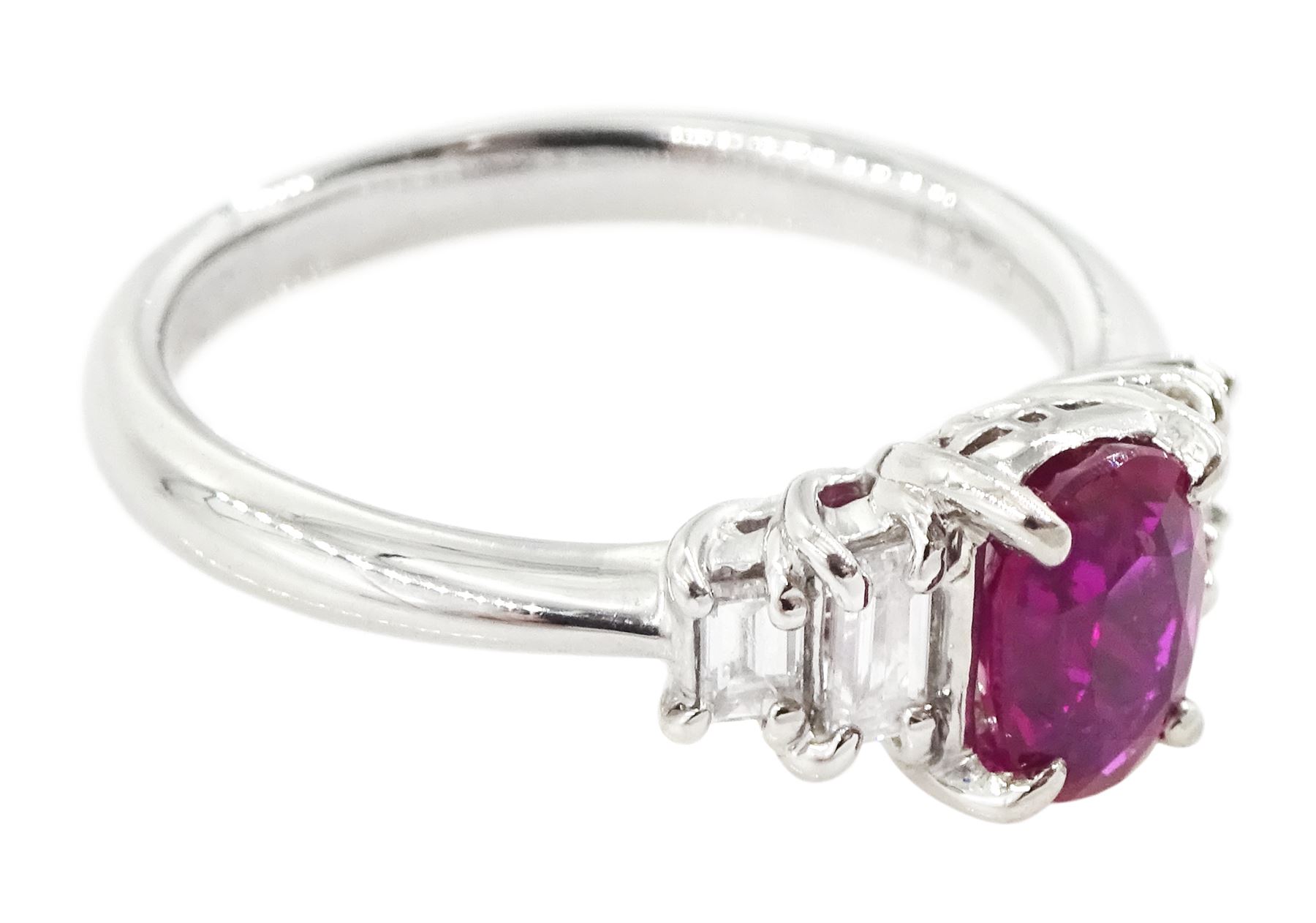 Platinum five stone oval cut Burmese ruby and baguette cut diamond ring, engraved 'PT900 R1.01 0.31', with GIA report