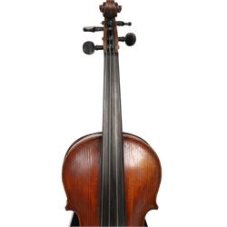 Two 19th century violins, each with two piece maple backs, ebonised wooden pegs and finger boards and modern plastic chin rests, with two bows, all contained within a modern two-violin soft case with red interior