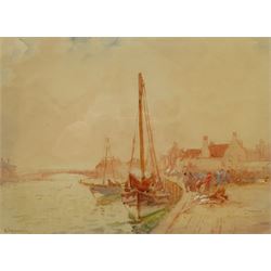 Frank Rousse (British fl.1897-1917): Unloading Fish on the Quayside Whitby, watercolour signed 26cm x 35cm