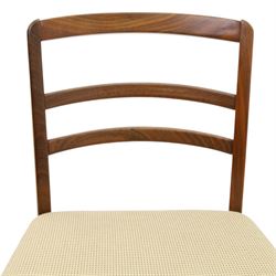 G-Plan - set of four mid-20th century teak 'Fresco' dining chairs, low ladder back on seats upholstered in chequered fabric, on square tapering supports