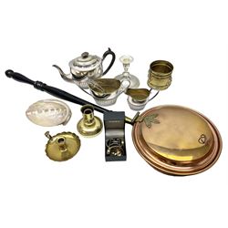 Viners silver plate candlestick, mother of pearl abalone shell, three piece silver plated tea service, brassware, bed pan, watches etc in one box 