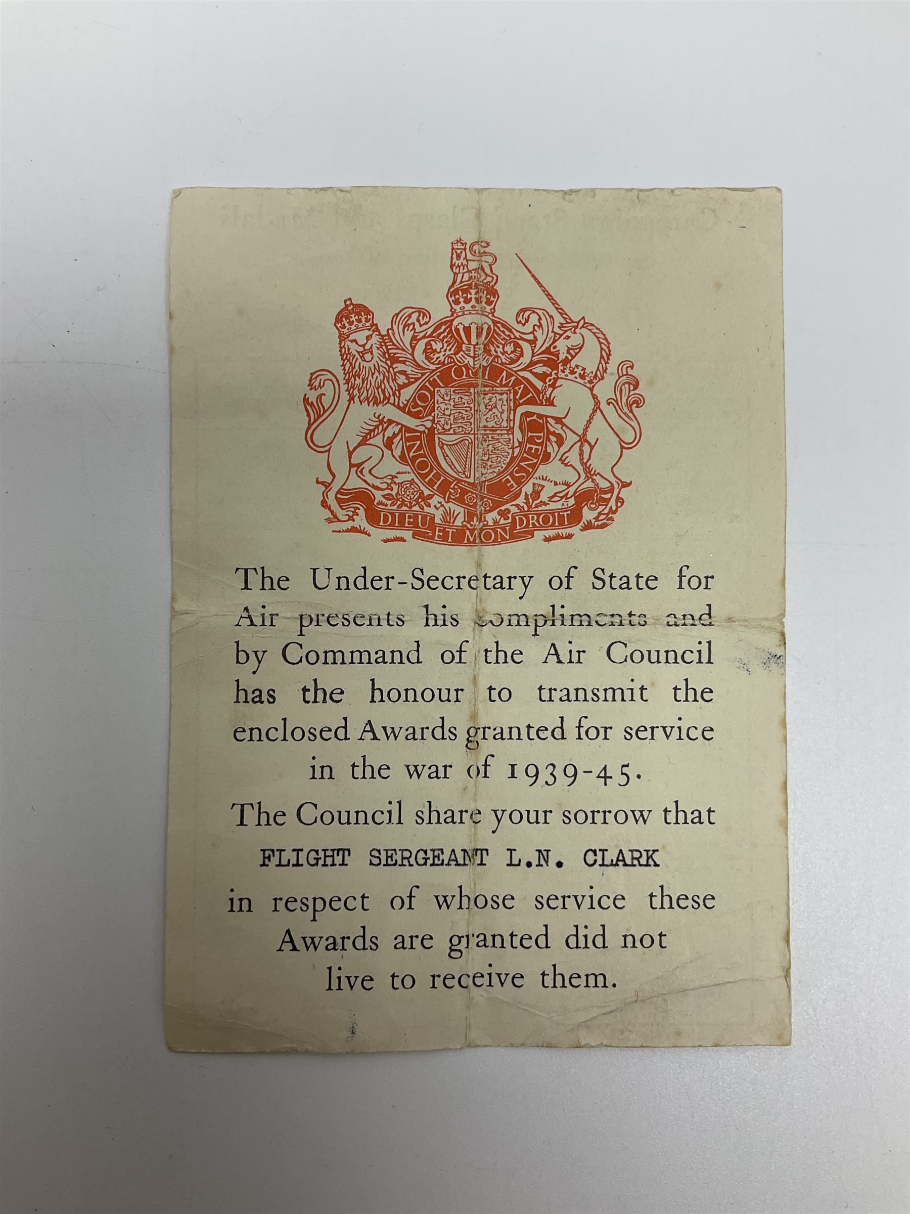 Eleven WW2 medals comprising three 1939-1945 war medals, two Defence medals, three 1939-1945 Stars, Atlantic Star, Africa Star and Italy Star; miniature QEII Naval LS & GC medal; all with ribbons; and WW2 postumous medal slip to Flight Sergeant L.N. Clark