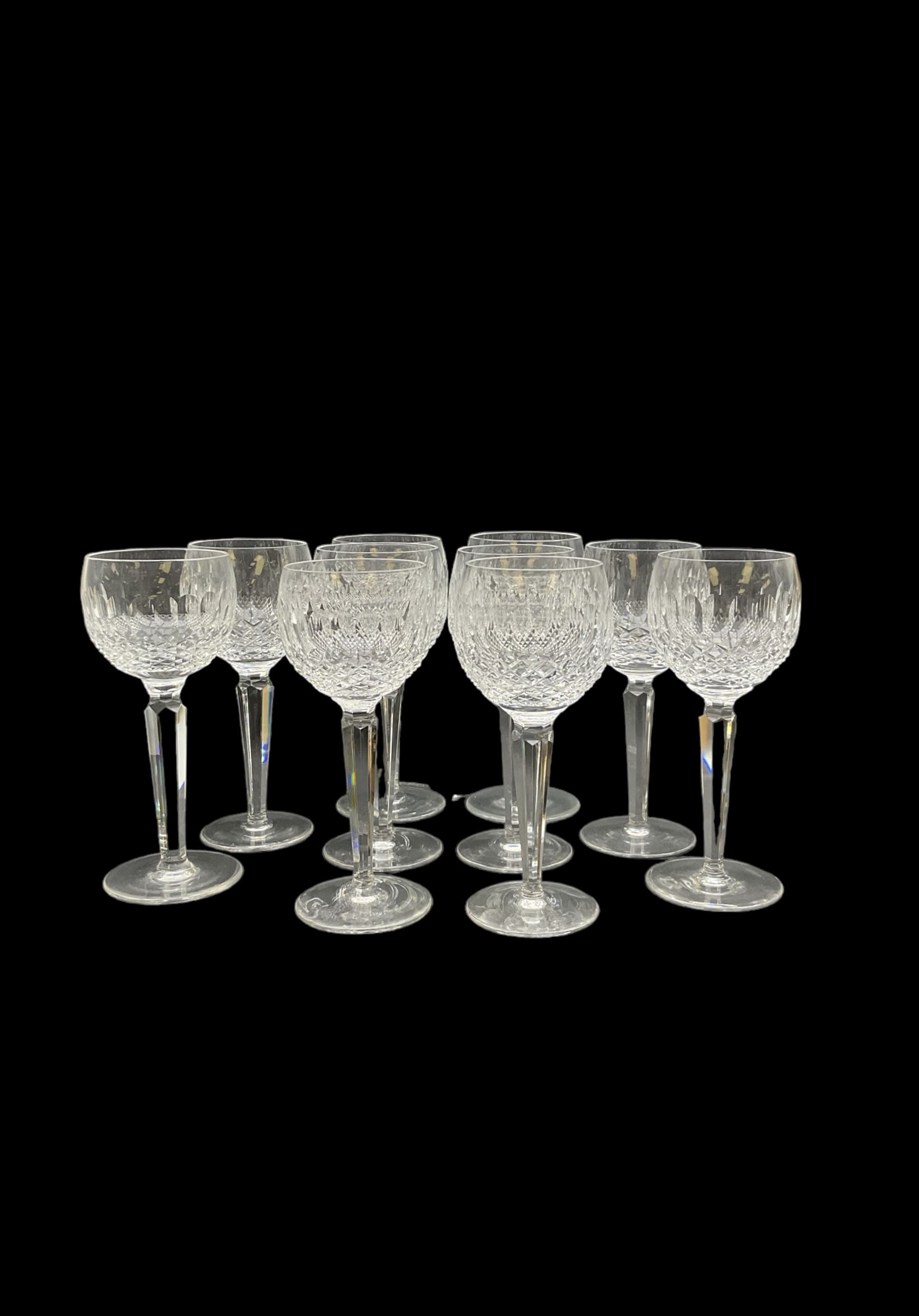 Set of ten Waterford Colleen pattern cut crystal hock glasses, four in presentation boxes, H18.7cm