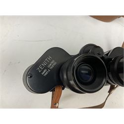 Brass telescope, together with Zenith 7 x 50 field binoculars, two polaroid cameras and other cameras and equipment 