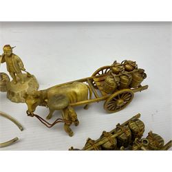 Collection of Japanese celluloid figures, including Rickshaw groups, fishing scene, oxen etc 