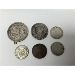 Great British and World coins, including George I 1723 farthing, Queen Victoria 1875 halfcrown, King George V one shilling, pre decimal coinage, commemorative crowns, United States of America 1921 Morgan dollar with soldered loop attached etc