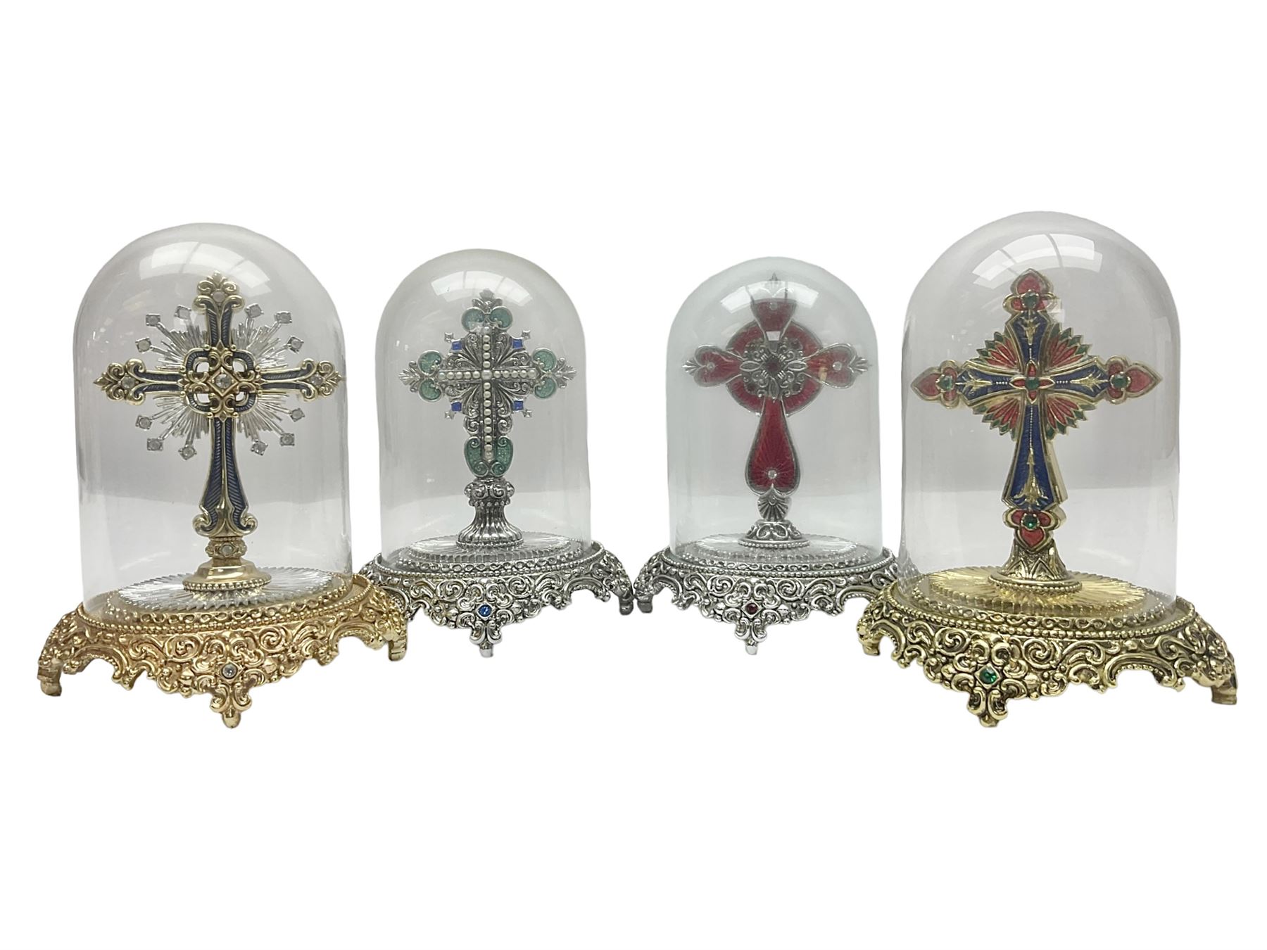 Four limited edition Franklin Mint House of Fratelli Coppini crosses, to include Majestic Cross, Sacred Cross, Star of Hope Jewelled Cross and The Gates to Paradise Cross, all under glass domes, H13cm