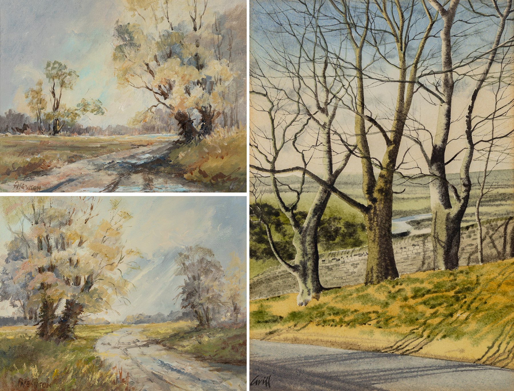 Pat Newton (British 20th century): 'Winter in West Norfolk' and 'The Farm in Winter', pair of acrylics signed, titled on label verso, in matching frames 19cm x 24cm; George 'Griff' Griffiths (British 1939-2017): 'Arthington Bank', watercolour signed, titled and dated 1977 on label verso 24cm x 16cm (3)